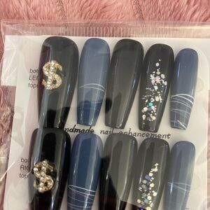 Blue and Black Handmade Nail Set with Rhinestones